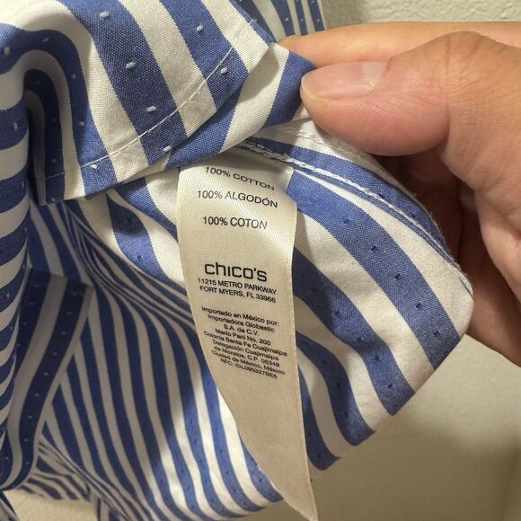 Chicos No Iron Shirt Womens Striped Stretch Blue White 3/4 Sleeve Casual Sz L - Picture 4 of 7